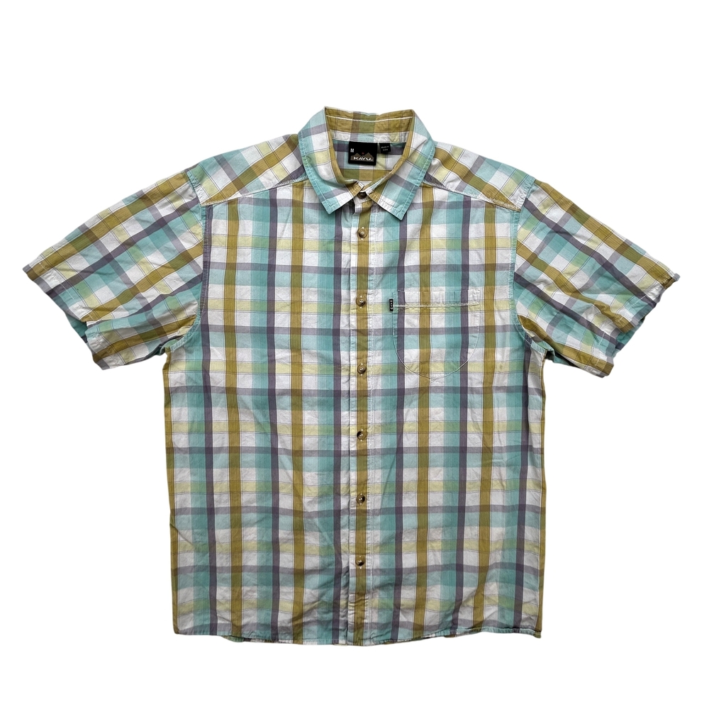 KAVU Shirt Mens Medium Plaid Short Sleeve Button Up Pocket Western Casual